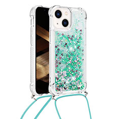 Silikon Hülle Handyhülle Gummi Schutzhülle Flexible Tasche Bling-Bling mit Schlüsselband Lanyard S02 für Apple iPhone 14 Plus Grün