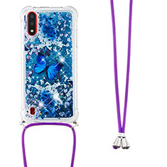 Silikon Hülle Handyhülle Gummi Schutzhülle Flexible Tasche Bling-Bling mit Schlüsselband Lanyard S02 für Samsung Galaxy A01 SM-A015 Blau