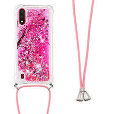 Silikon Hülle Handyhülle Gummi Schutzhülle Flexible Tasche Bling-Bling mit Schlüsselband Lanyard S02 für Samsung Galaxy A01 SM-A015 Pink