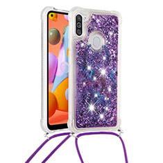 Silikon Hülle Handyhülle Gummi Schutzhülle Flexible Tasche Bling-Bling mit Schlüsselband Lanyard S02 für Samsung Galaxy A11 Violett
