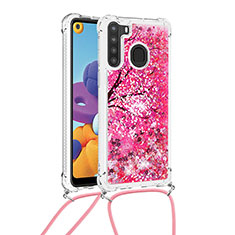 Silikon Hülle Handyhülle Gummi Schutzhülle Flexible Tasche Bling-Bling mit Schlüsselband Lanyard S02 für Samsung Galaxy A21 Pink