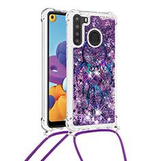 Silikon Hülle Handyhülle Gummi Schutzhülle Flexible Tasche Bling-Bling mit Schlüsselband Lanyard S02 für Samsung Galaxy A21 Violett