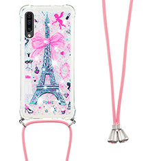 Silikon Hülle Handyhülle Gummi Schutzhülle Flexible Tasche Bling-Bling mit Schlüsselband Lanyard S02 für Samsung Galaxy A50S Rosa