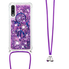 Silikon Hülle Handyhülle Gummi Schutzhülle Flexible Tasche Bling-Bling mit Schlüsselband Lanyard S02 für Samsung Galaxy A50S Violett