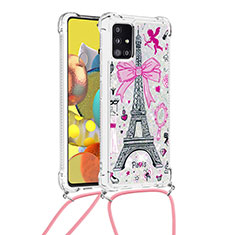 Silikon Hülle Handyhülle Gummi Schutzhülle Flexible Tasche Bling-Bling mit Schlüsselband Lanyard S02 für Samsung Galaxy A51 4G Rosa