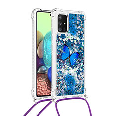 Silikon Hülle Handyhülle Gummi Schutzhülle Flexible Tasche Bling-Bling mit Schlüsselband Lanyard S02 für Samsung Galaxy A71 5G Blau
