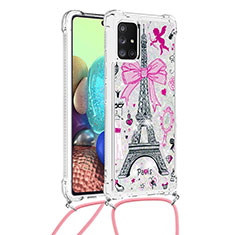 Silikon Hülle Handyhülle Gummi Schutzhülle Flexible Tasche Bling-Bling mit Schlüsselband Lanyard S02 für Samsung Galaxy A71 5G Rosa