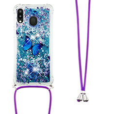 Silikon Hülle Handyhülle Gummi Schutzhülle Flexible Tasche Bling-Bling mit Schlüsselband Lanyard S02 für Samsung Galaxy M20 Blau