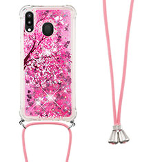 Silikon Hülle Handyhülle Gummi Schutzhülle Flexible Tasche Bling-Bling mit Schlüsselband Lanyard S02 für Samsung Galaxy M20 Pink