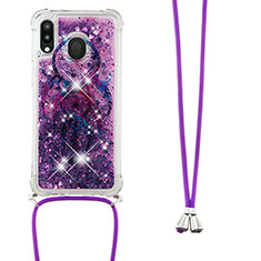Silikon Hülle Handyhülle Gummi Schutzhülle Flexible Tasche Bling-Bling mit Schlüsselband Lanyard S02 für Samsung Galaxy M20 Violett