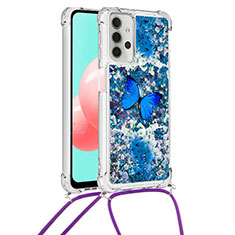 Silikon Hülle Handyhülle Gummi Schutzhülle Flexible Tasche Bling-Bling mit Schlüsselband Lanyard S02 für Samsung Galaxy M32 5G Blau