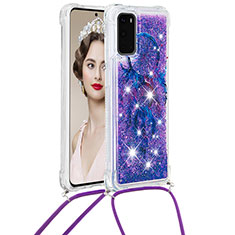 Silikon Hülle Handyhülle Gummi Schutzhülle Flexible Tasche Bling-Bling mit Schlüsselband Lanyard S02 für Samsung Galaxy S20 5G Violett