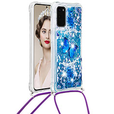 Silikon Hülle Handyhülle Gummi Schutzhülle Flexible Tasche Bling-Bling mit Schlüsselband Lanyard S02 für Samsung Galaxy S20 Blau