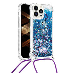 Silikon Hülle Handyhülle Gummi Schutzhülle Flexible Tasche Bling-Bling mit Schlüsselband Lanyard S03 für Apple iPhone 13 Pro Blau