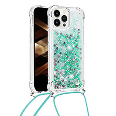 Silikon Hülle Handyhülle Gummi Schutzhülle Flexible Tasche Bling-Bling mit Schlüsselband Lanyard S03 für Apple iPhone 13 Pro Grün