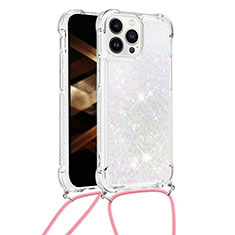 Silikon Hülle Handyhülle Gummi Schutzhülle Flexible Tasche Bling-Bling mit Schlüsselband Lanyard S03 für Apple iPhone 13 Pro Silber