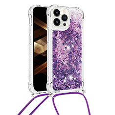 Silikon Hülle Handyhülle Gummi Schutzhülle Flexible Tasche Bling-Bling mit Schlüsselband Lanyard S03 für Apple iPhone 13 Pro Violett