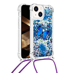 Silikon Hülle Handyhülle Gummi Schutzhülle Flexible Tasche Bling-Bling mit Schlüsselband Lanyard S03 für Apple iPhone 14 Plus Blau