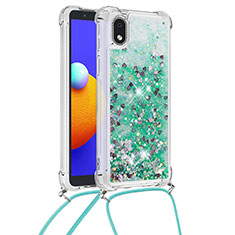 Silikon Hülle Handyhülle Gummi Schutzhülle Flexible Tasche Bling-Bling mit Schlüsselband Lanyard S03 für Samsung Galaxy A01 Core Grün