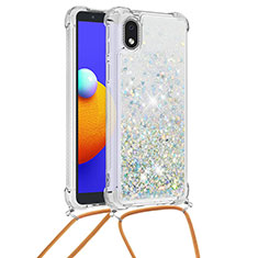 Silikon Hülle Handyhülle Gummi Schutzhülle Flexible Tasche Bling-Bling mit Schlüsselband Lanyard S03 für Samsung Galaxy A01 Core Silber
