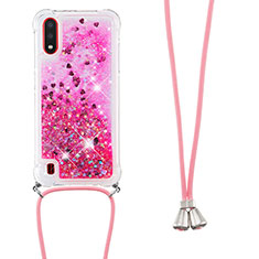 Silikon Hülle Handyhülle Gummi Schutzhülle Flexible Tasche Bling-Bling mit Schlüsselband Lanyard S03 für Samsung Galaxy A01 SM-A015 Pink