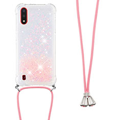 Silikon Hülle Handyhülle Gummi Schutzhülle Flexible Tasche Bling-Bling mit Schlüsselband Lanyard S03 für Samsung Galaxy A01 SM-A015 Rosa