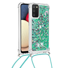 Silikon Hülle Handyhülle Gummi Schutzhülle Flexible Tasche Bling-Bling mit Schlüsselband Lanyard S03 für Samsung Galaxy A02s Grün