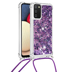 Silikon Hülle Handyhülle Gummi Schutzhülle Flexible Tasche Bling-Bling mit Schlüsselband Lanyard S03 für Samsung Galaxy A02s Violett