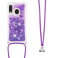 Silikon Hülle Handyhülle Gummi Schutzhülle Flexible Tasche Bling-Bling mit Schlüsselband Lanyard S03 für Samsung Galaxy A20e Violett