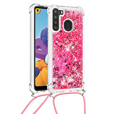 Silikon Hülle Handyhülle Gummi Schutzhülle Flexible Tasche Bling-Bling mit Schlüsselband Lanyard S03 für Samsung Galaxy A21 Pink