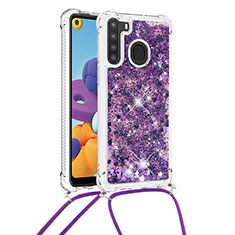 Silikon Hülle Handyhülle Gummi Schutzhülle Flexible Tasche Bling-Bling mit Schlüsselband Lanyard S03 für Samsung Galaxy A21 Violett