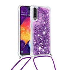 Silikon Hülle Handyhülle Gummi Schutzhülle Flexible Tasche Bling-Bling mit Schlüsselband Lanyard S03 für Samsung Galaxy A50S Violett