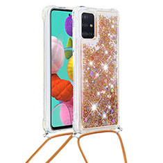 Silikon Hülle Handyhülle Gummi Schutzhülle Flexible Tasche Bling-Bling mit Schlüsselband Lanyard S03 für Samsung Galaxy A51 4G Gold