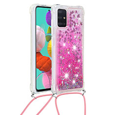 Silikon Hülle Handyhülle Gummi Schutzhülle Flexible Tasche Bling-Bling mit Schlüsselband Lanyard S03 für Samsung Galaxy A51 4G Pink