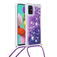 Silikon Hülle Handyhülle Gummi Schutzhülle Flexible Tasche Bling-Bling mit Schlüsselband Lanyard S03 für Samsung Galaxy A51 4G Violett