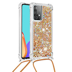 Silikon Hülle Handyhülle Gummi Schutzhülle Flexible Tasche Bling-Bling mit Schlüsselband Lanyard S03 für Samsung Galaxy A52 5G Gold