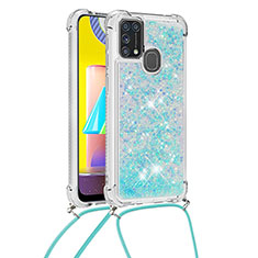Silikon Hülle Handyhülle Gummi Schutzhülle Flexible Tasche Bling-Bling mit Schlüsselband Lanyard S03 für Samsung Galaxy M21s Hellblau
