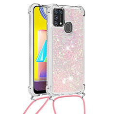 Silikon Hülle Handyhülle Gummi Schutzhülle Flexible Tasche Bling-Bling mit Schlüsselband Lanyard S03 für Samsung Galaxy M21s Rosa