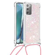Silikon Hülle Handyhülle Gummi Schutzhülle Flexible Tasche Bling-Bling mit Schlüsselband Lanyard S03 für Samsung Galaxy Note 20 5G Rosa