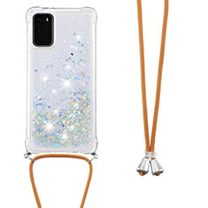 Silikon Hülle Handyhülle Gummi Schutzhülle Flexible Tasche Bling-Bling mit Schlüsselband Lanyard S03 für Samsung Galaxy S20 5G Silber