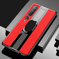Silikon Hülle Handyhülle Gummi Schutzhülle Leder Tasche mit Magnetisch Fingerring Ständer A01 für Xiaomi Mi 10 Rot