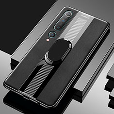 Silikon Hülle Handyhülle Gummi Schutzhülle Leder Tasche mit Magnetisch Fingerring Ständer A01 für Xiaomi Mi 10 Schwarz