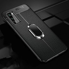 Silikon Hülle Handyhülle Gummi Schutzhülle Leder Tasche mit Magnetisch Fingerring Ständer für Huawei Honor V30 5G Schwarz