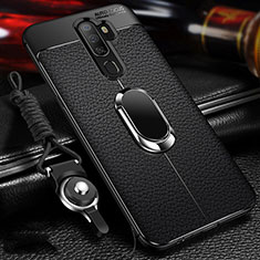 Silikon Hülle Handyhülle Gummi Schutzhülle Leder Tasche mit Magnetisch Fingerring Ständer für Oppo A11X Schwarz