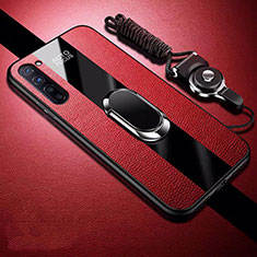 Silikon Hülle Handyhülle Gummi Schutzhülle Leder Tasche mit Magnetisch Fingerring Ständer für Oppo F15 Rot