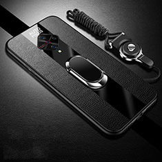 Silikon Hülle Handyhülle Gummi Schutzhülle Leder Tasche mit Magnetisch Fingerring Ständer für Vivo X50 Lite Schwarz