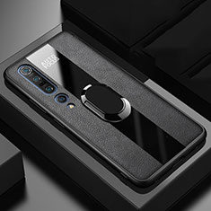 Silikon Hülle Handyhülle Gummi Schutzhülle Leder Tasche mit Magnetisch Fingerring Ständer für Xiaomi Mi 10 Pro Schwarz