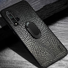 Silikon Hülle Handyhülle Gummi Schutzhülle Leder Tasche mit Magnetisch Fingerring Ständer K02 für Huawei Nova 5T Schwarz