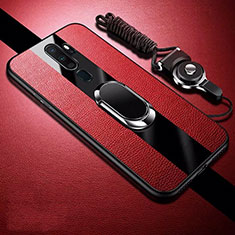 Silikon Hülle Handyhülle Gummi Schutzhülle Leder Tasche mit Magnetisch Fingerring Ständer S01 für Oppo A11X Rot