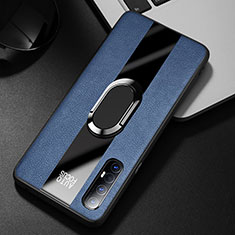 Silikon Hülle Handyhülle Gummi Schutzhülle Leder Tasche mit Magnetisch Fingerring Ständer S01 für Oppo Find X2 Neo Blau